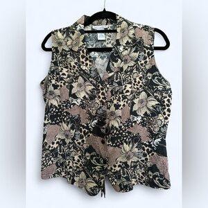 Anna and Frank Vintage Black and Cream Leopard Floral Patterned Silk Blouse M